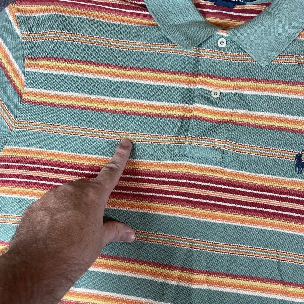 VTG Polo Ralph Lauren‎ Striped Shirt Mens XL Green Orange Sunset Cotton Slit Hem